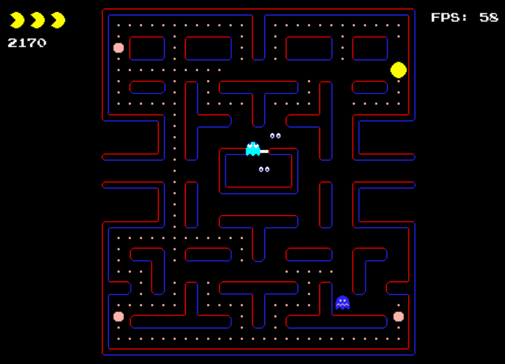 Pac-Man - midgame play showcasing the different ghost states.